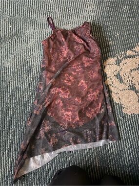 Weissman Asymmetrical Burgundy Floral Mesh Slip Dress